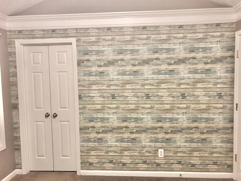 High End Designer Finishes - Reclaimed Wood Style Accent Wall in Master Bedroom