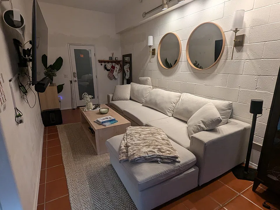 Living room viewing from north end, facing front door