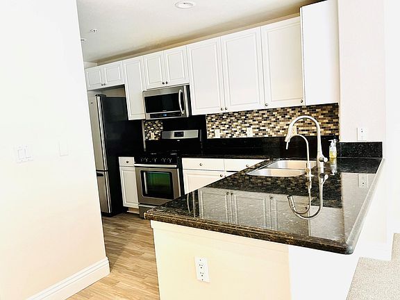 Kitchen with custom countertops, reverse osmosis water system, stainless steel appliances, fridge with filtered water and ice maker, new microwave, stove and dishwasher