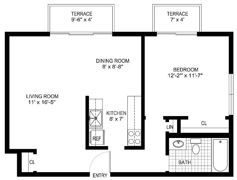 Floor plan 1 Bedroom/1 Bath - 2 Balconies