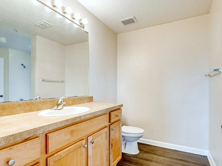 Spacious bathroom with large vanity and mirror.
