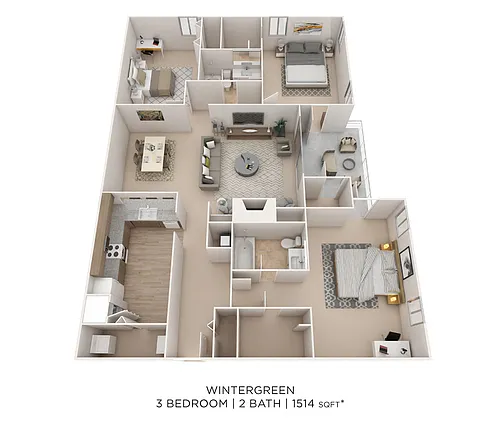 Floor plan Three Bedroom 2 Bath - 1,524 sqft