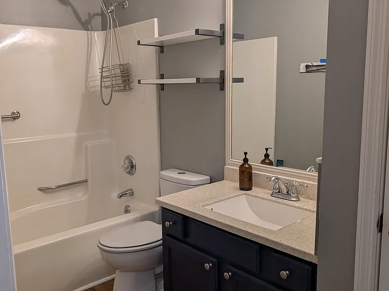 Front bathroom with full shower/tub, also has a linen closet to right of the photo (behind door).