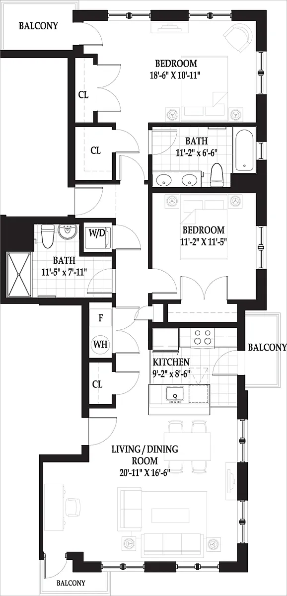 Floor plan Villa Two Bedroom 3rd Floor with Balcony