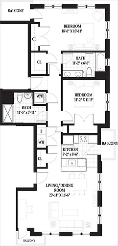 Floor plan Villa Two Bedroom 3rd Floor with Balcony