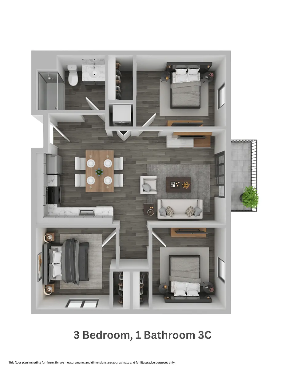 Floor plan Three Bedroom, One Bathroom 3C