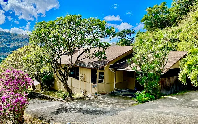 front home view with two beautiful plumeria trees.