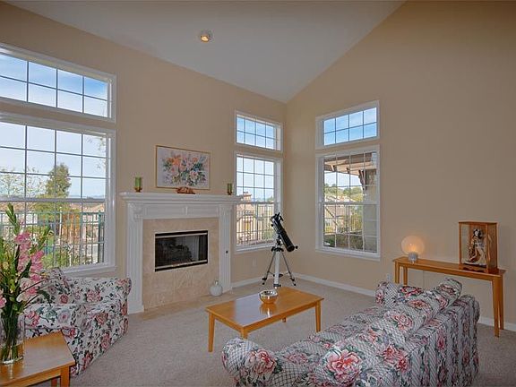 Bright Sunny Living Room with Large Picture Windows and Beautiful Marble Firep