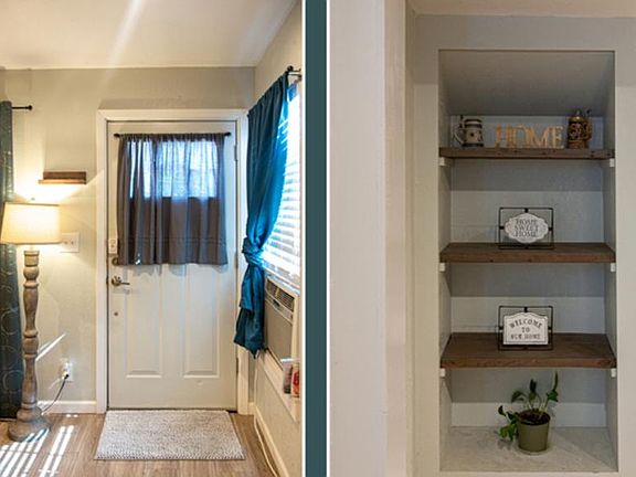 House entrance and built-in book shelves