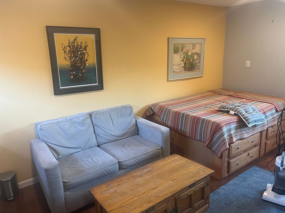 back wall of studio showing couch, coffee table & captain's bed