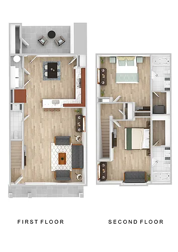 Floor plan 2 Bedroom with Kitchen in the Rear of the Home