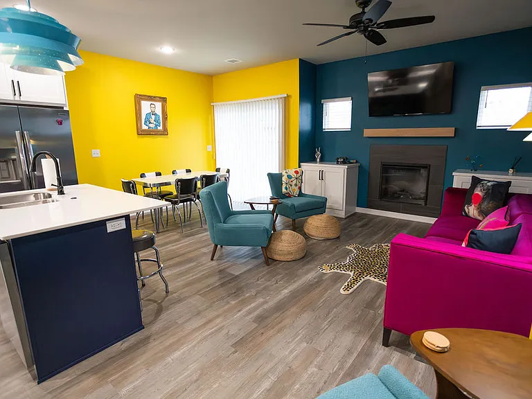 Open kitchen, living room, dining room and bar area. All furniture is included