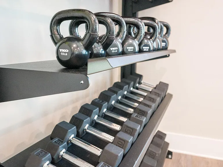 Free weights at the fitness center within the gym.