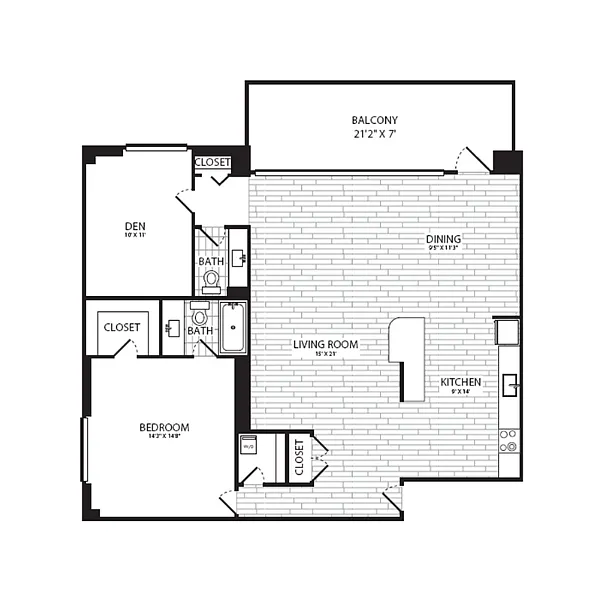 Floor plan 1 Bedroom + Den, 1.5 Bath 1100 SF A15G