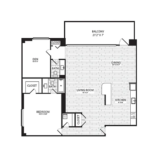 Floor plan 1 Bedroom + Den, 1.5 Bath 1100 SF A15G