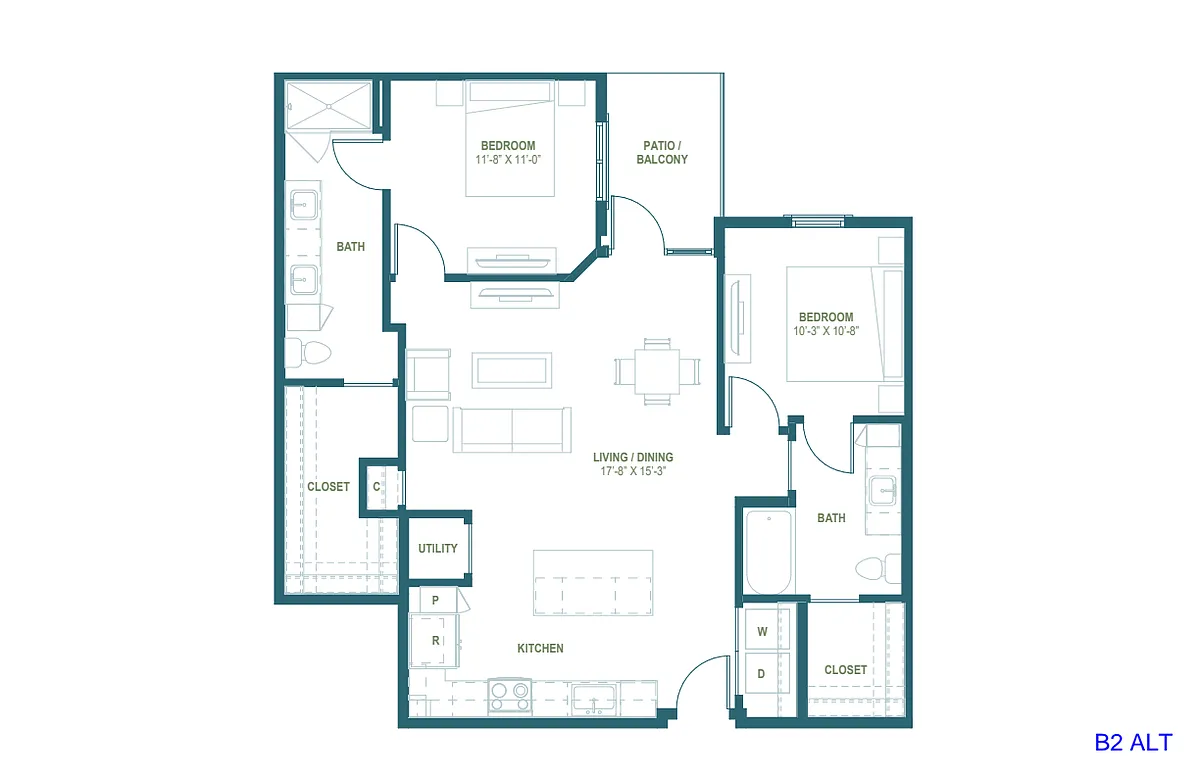 Floor plan B2 ALT | 2 Bed | 2 Bath