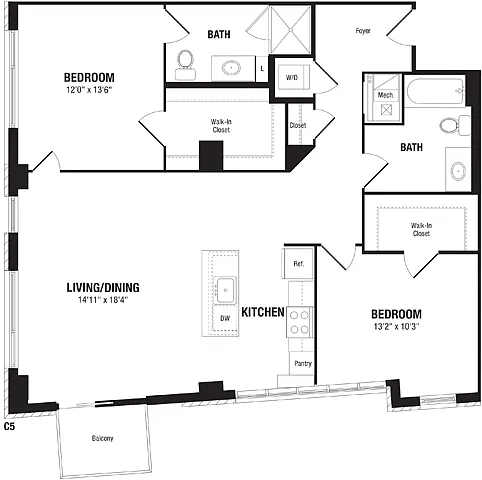 Floor plan 2 Bedroom, 2 Bath 1221 SF C5