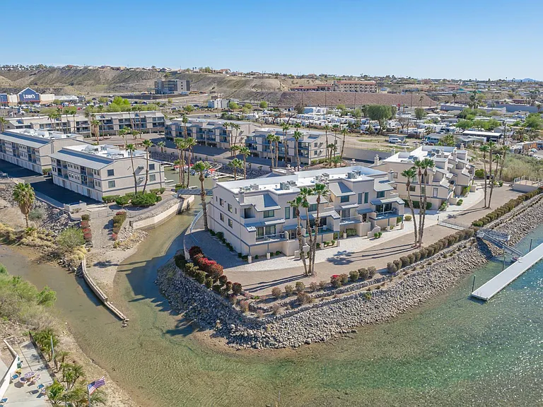 Bird's-eye view of the condo complex and how it sits on the river