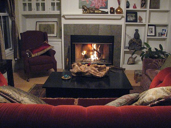 Living room with bamboo flooring and gas fireplace