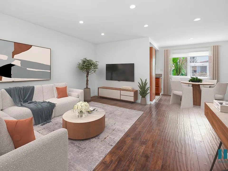 Large-Size Living Room, Dining Area, with Vinyl Flooring and Recessed Lighting