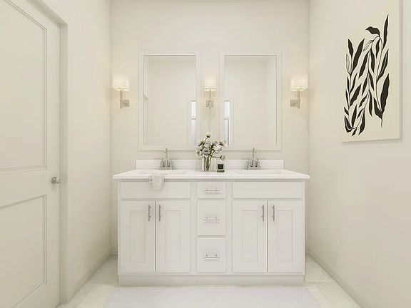 Primary bath with freestanding dual vanities