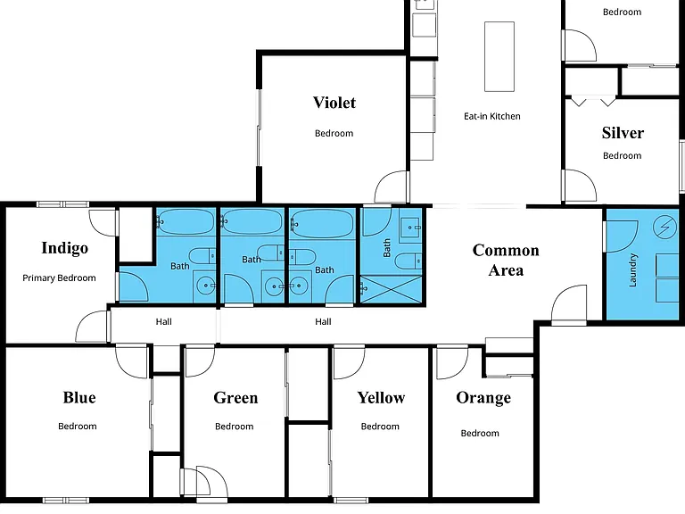 Illustrated floor plan showing bedroom layout, shared baths, common area, laundry, and an eat-in kitchen for easy living.