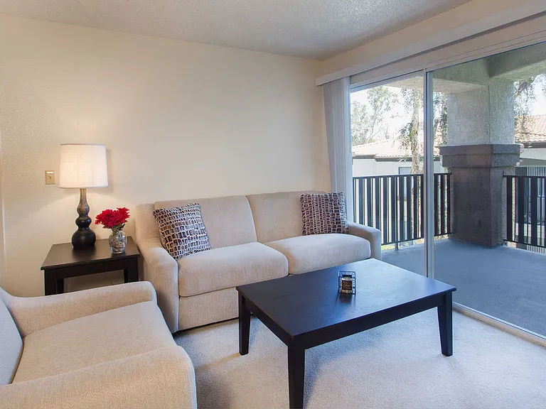 Carpeted Living Room with Large Private Balcony
