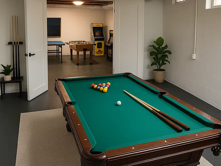 Basement Space Unfurnished - AI Staged for Photo, Includes 1/2 Bath and Fireplace