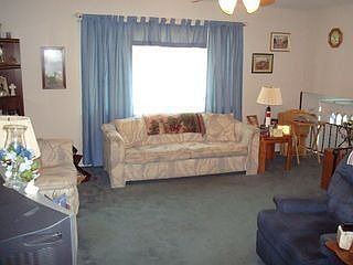 Living room has hardwood flooring underneath carpeting