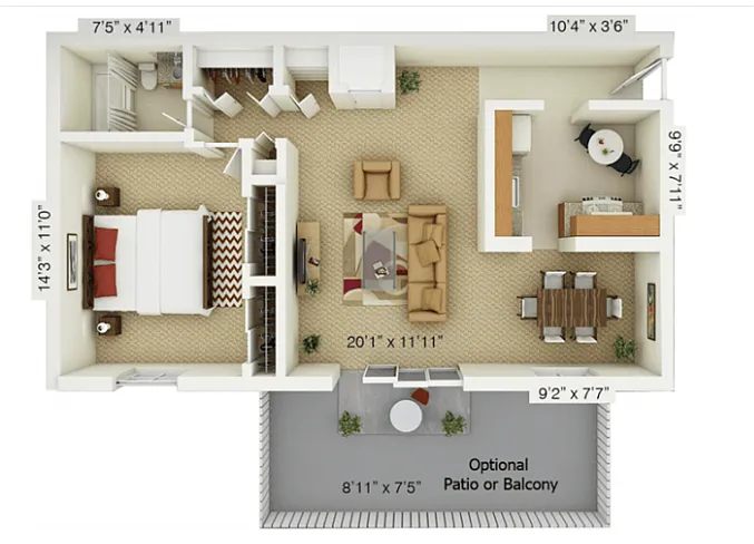 Floor plan 1 Bedroom Elm