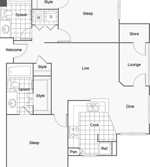 2 Bed 2 Bath A Floorplan Diagram