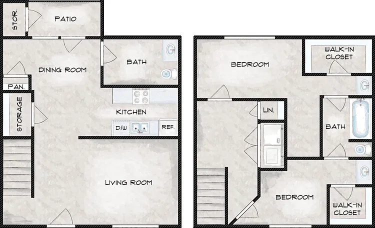 2 Bed 1.5 Bath Floorplan Diagram