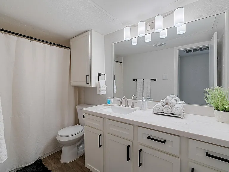 Updated bathroom with ample storage. New bath and re-tiled shower.