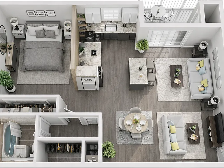 Modern studio apartment layout in 3D (2) Modern studio apartment layout in 3D (2)