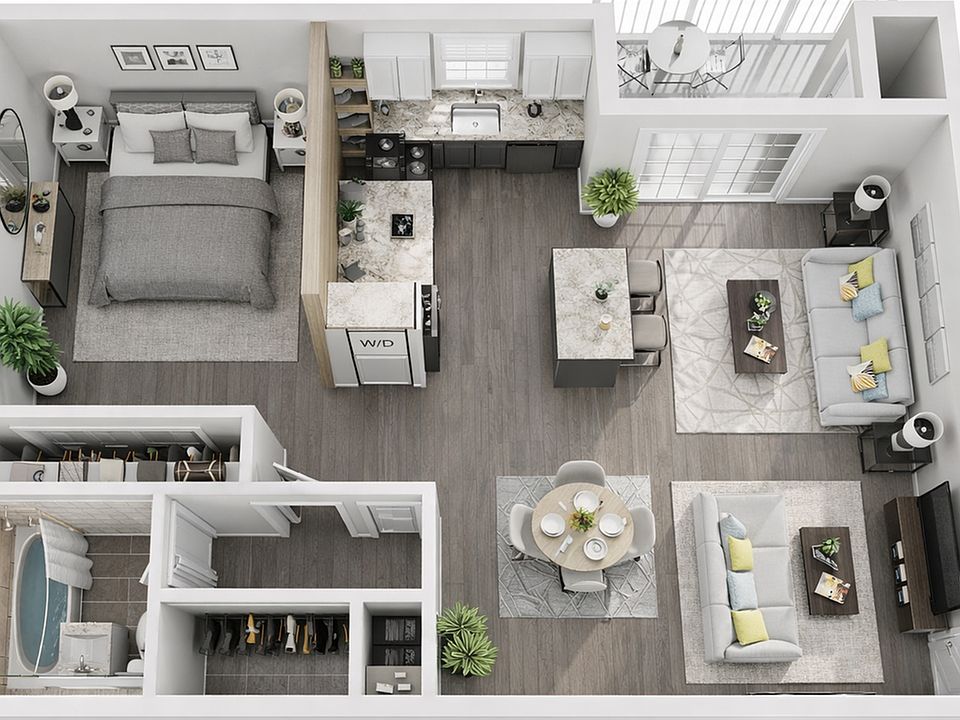 Modern studio apartment layout in 3D (2) Modern studio apartment layout in 3D (2)