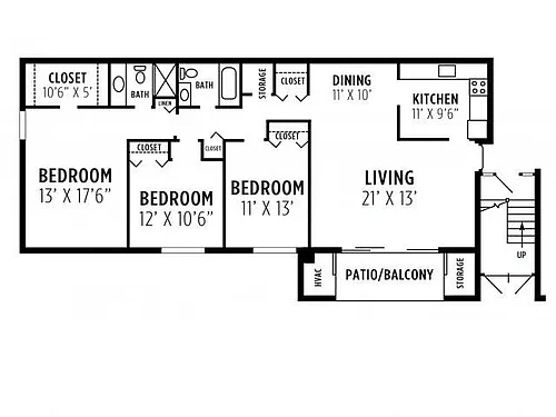 Floor plan Three bedroom, two bath apartment