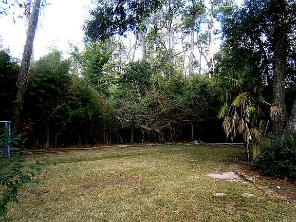 Lots of trees and bushes surround the large backyard