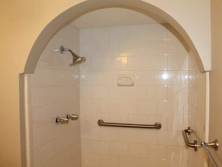Master tub and shower combination with built-in safety grab bars for added support