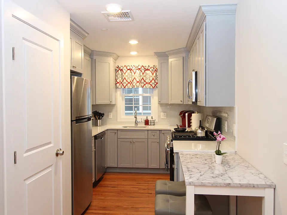 Stainless-steel appliances and generous cabinet storage
