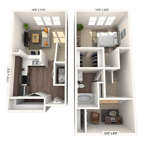Floor plan Dual Level 1x1 680-1175 SF