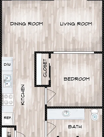 1 Bed 1 Bath A Floorplan Diagram