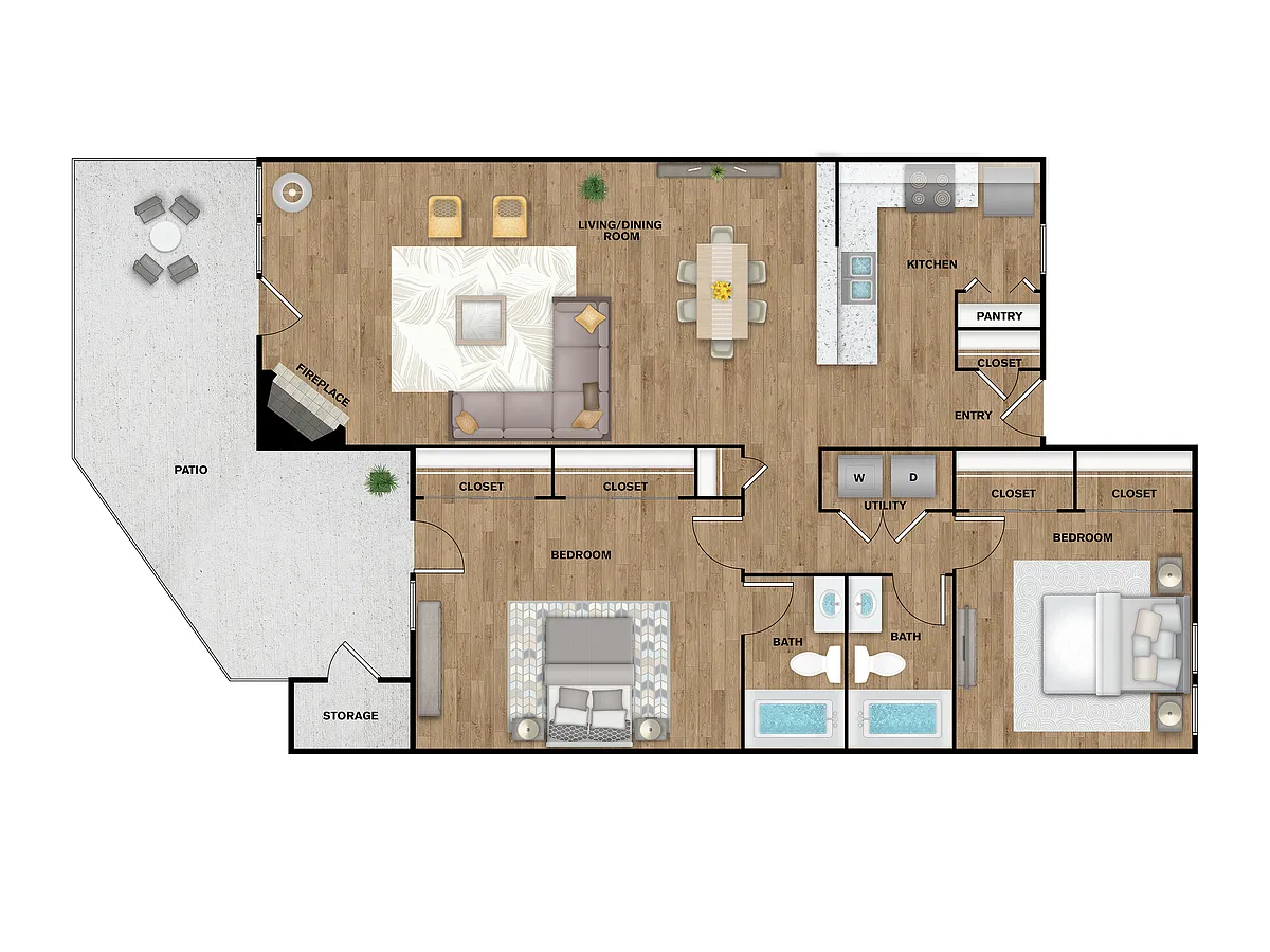 Floor plan 2 Bed, 2 Bath B Upgraded (140% Income Restricted)