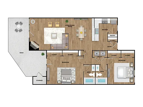 Floor plan 2 Bed, 2 Bath B (80% Income Restricted)