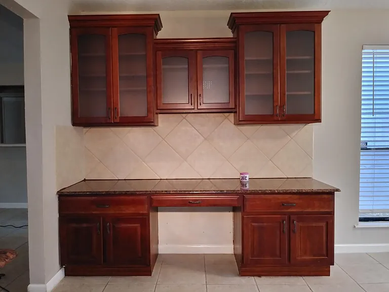 cherry red kitchen desk/cabinets