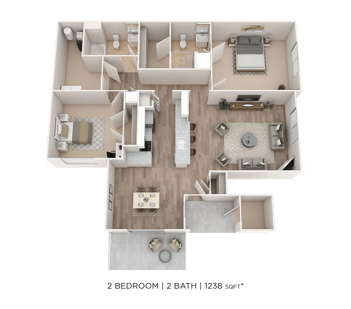 Floor plan Two Bedroom 2 Bath- 1238 sqft