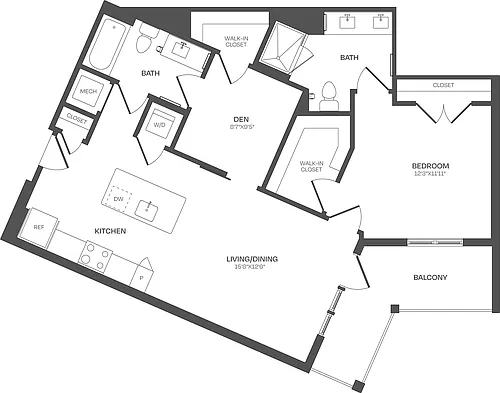 Floor plan 1 Bed/2 Bath Den-B10
