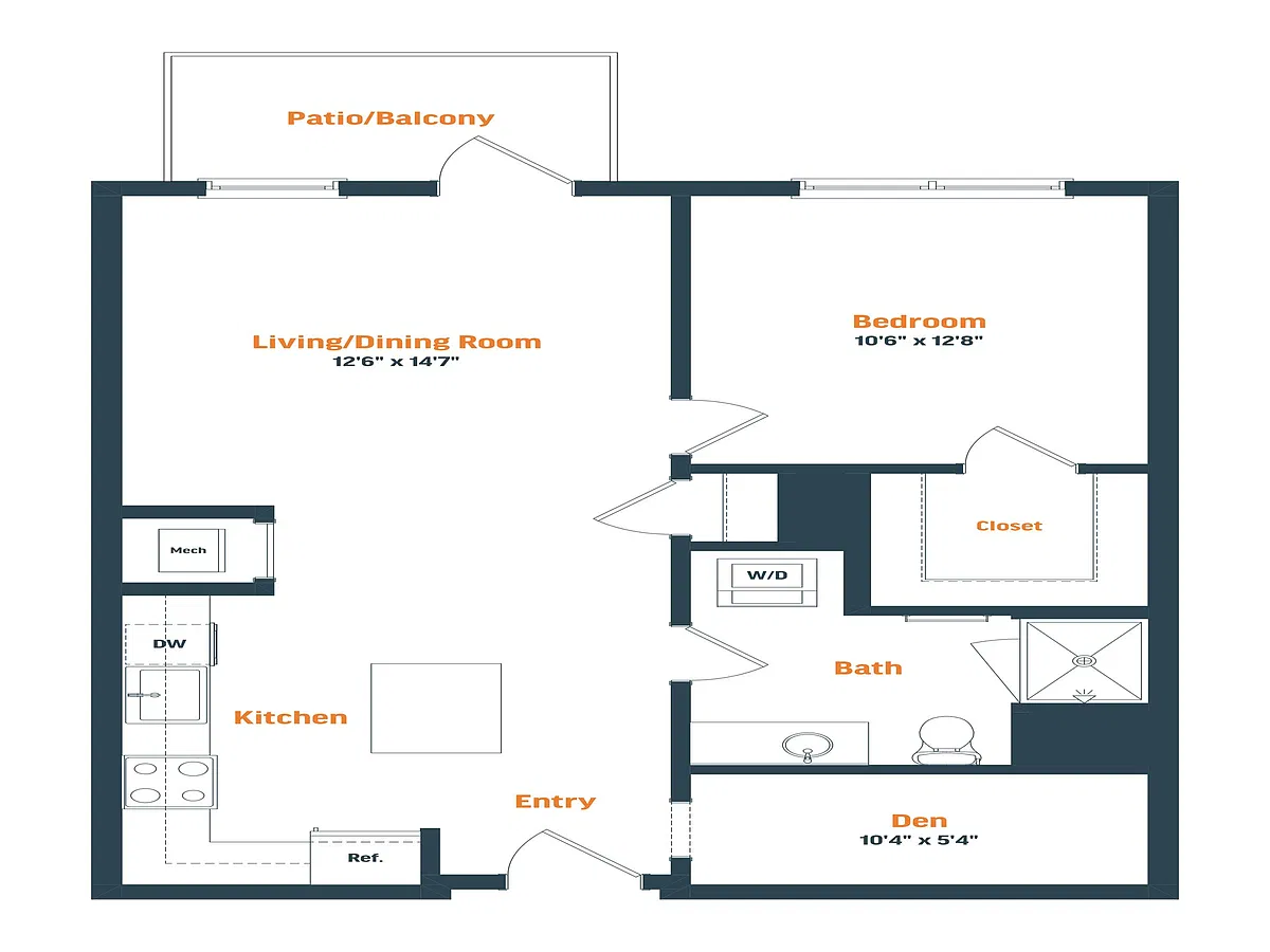 Floor plan A19.1D | 1 Bed | 1 Bath | Den