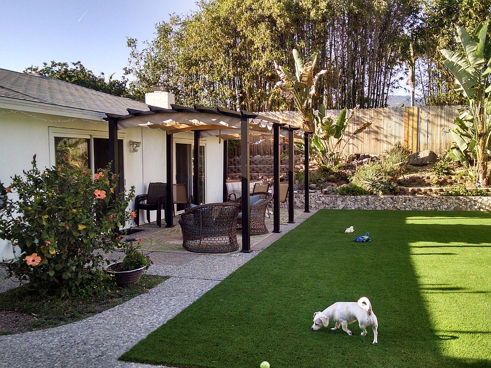 Synthetic grass, fenced yard