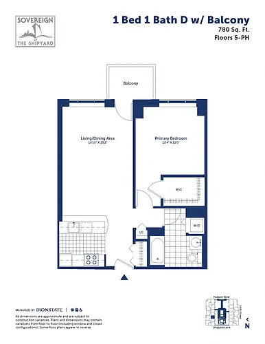 Floor plan 1 Bed 1 Bath D With Balcony