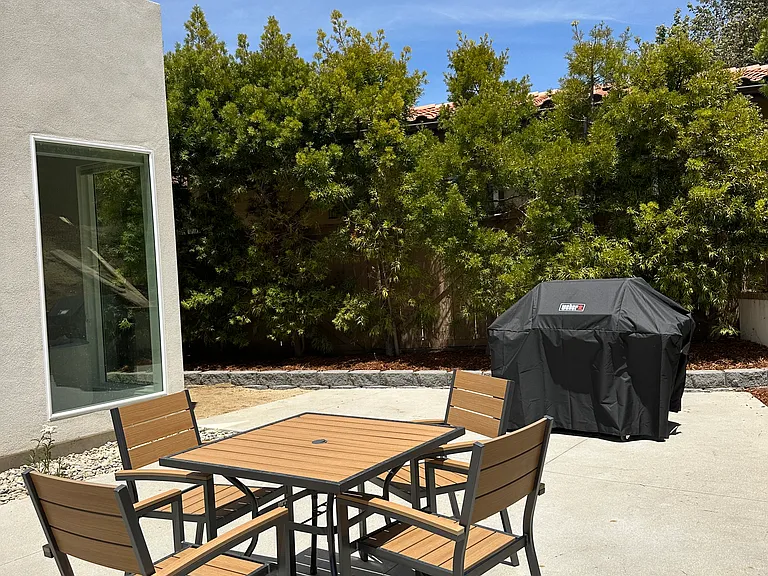 Outdoor patio with gas gill, dining table and chairs
